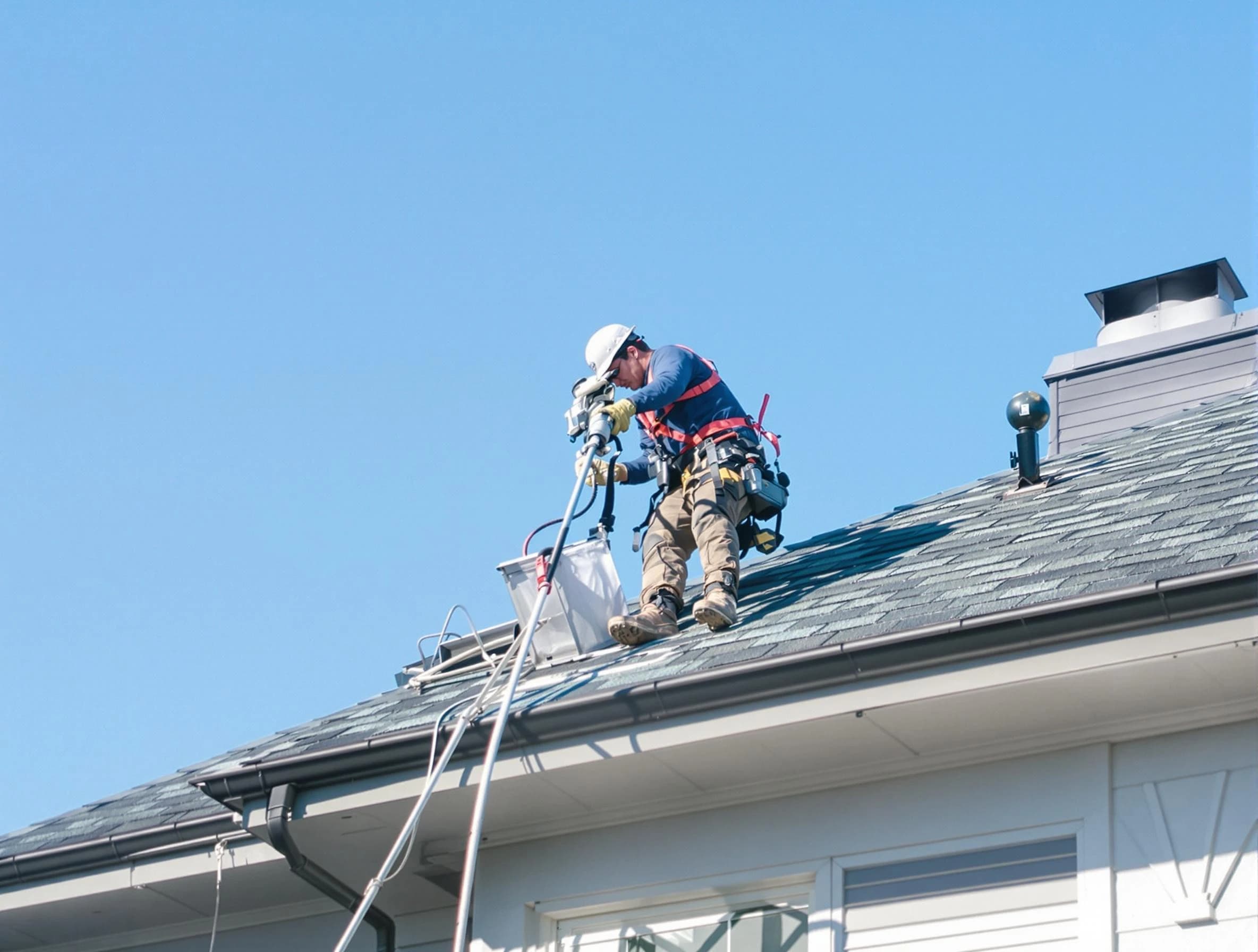 Genesee Dryer Vent Cleaning certified technician cleaning a roof-mounted dryer vent system in Genesee