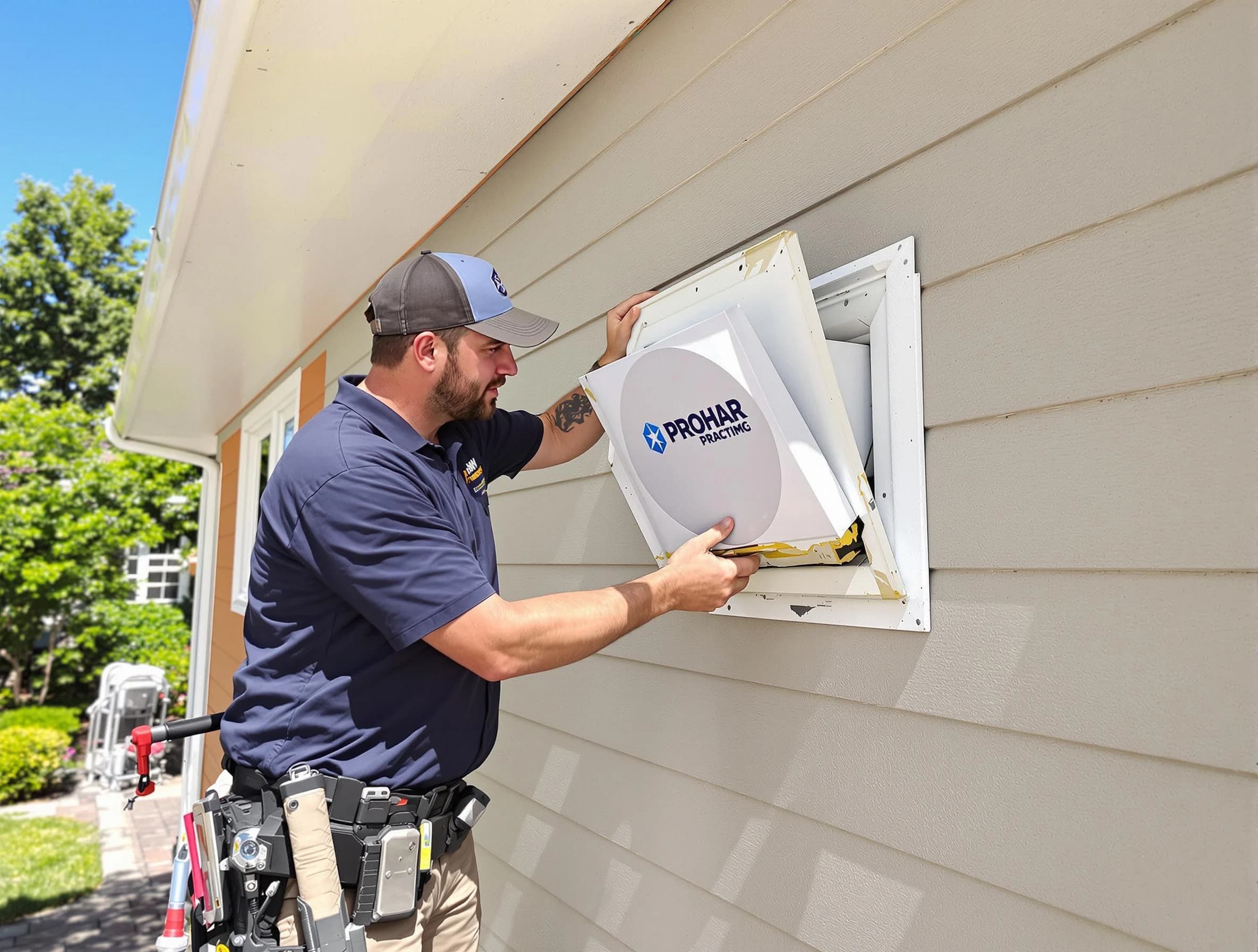 Genesee Dryer Vent Cleaning technician installing a new protective dryer vent cover on a home in Genesee