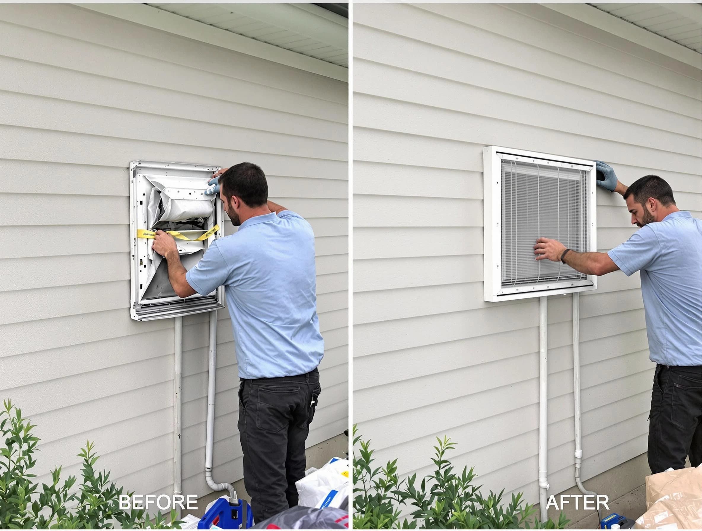 Genesee Dryer Vent Cleaning technician installing high-quality dryer vent cover at a residential property in Genesee