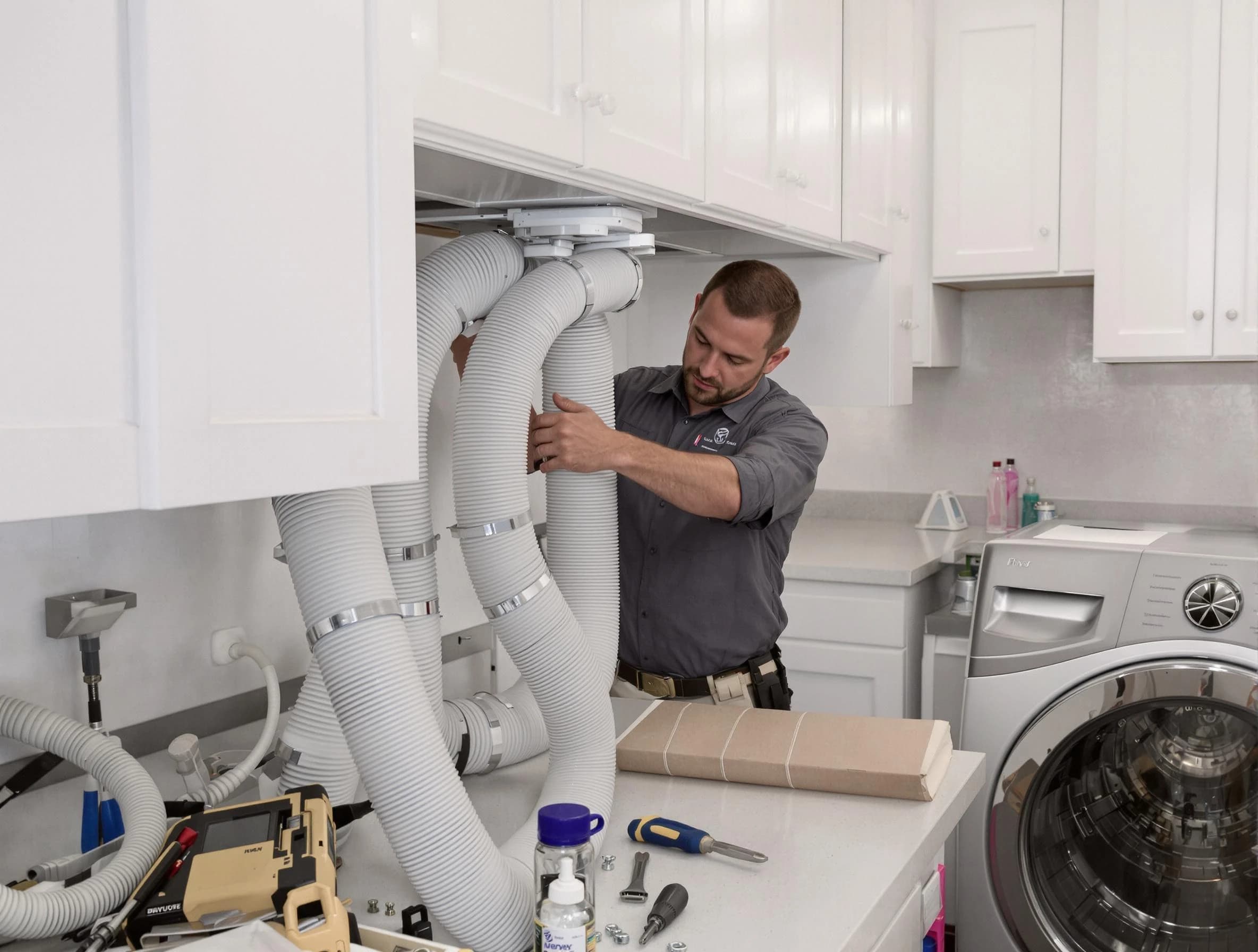 Genesee Dryer Vent Cleaning technician installing a new professional-grade dryer vent hose in Genesee