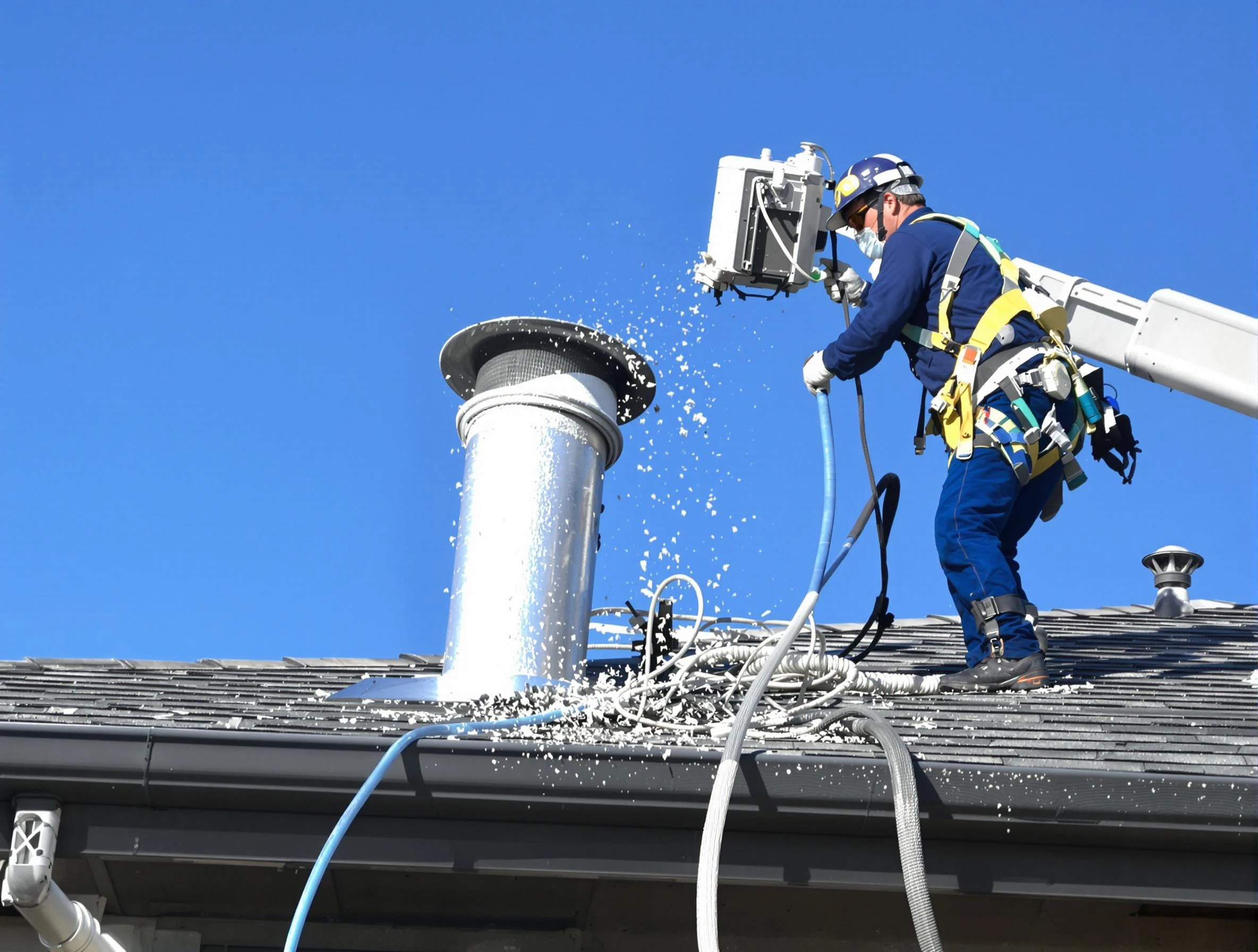 Genesee Dryer Vent Cleaning certified technician safely cleaning a roof-mounted dryer vent in Genesee